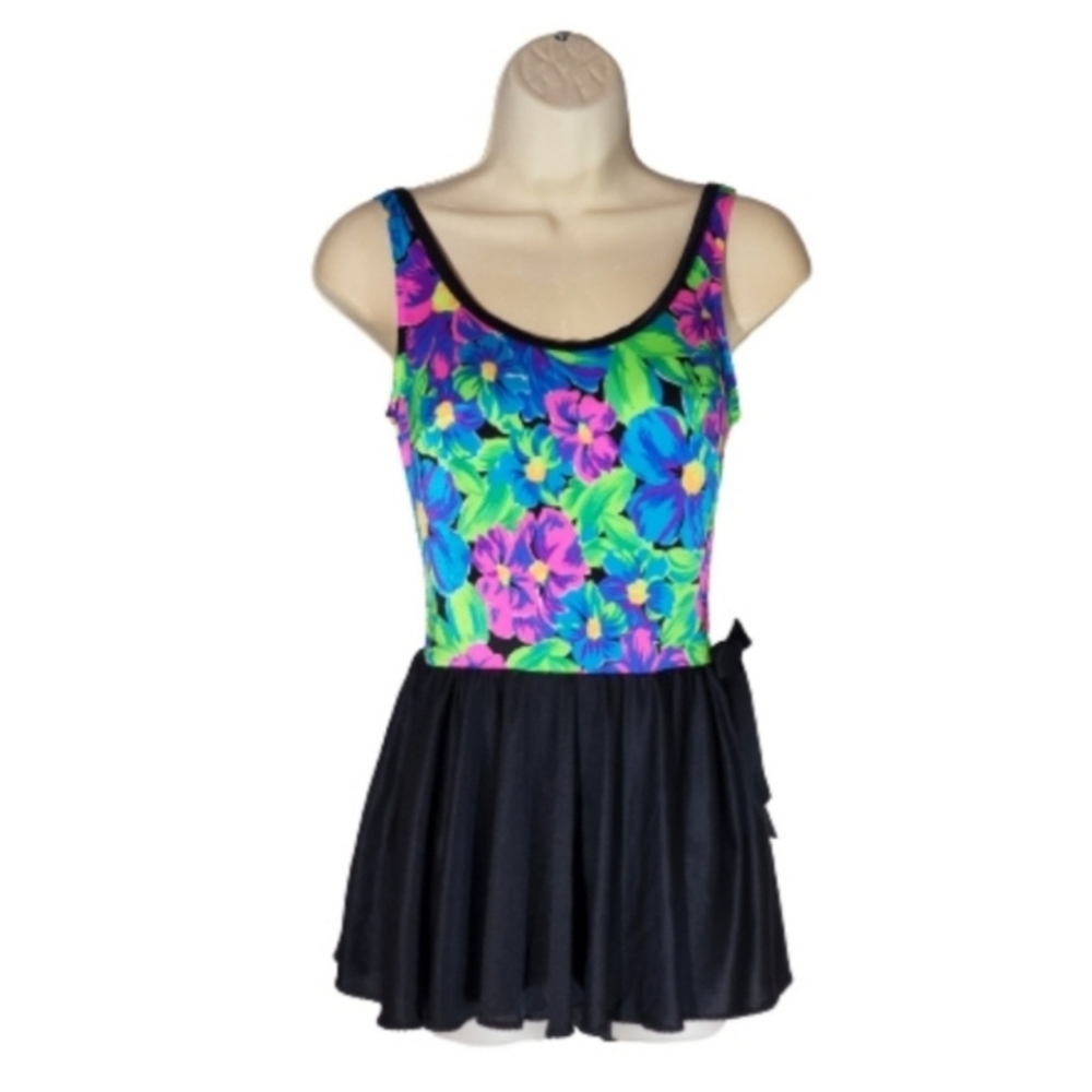 Pacific Connections Swimdress Vintag 1980s Bow & Neon Floral Blue Plus Size 14